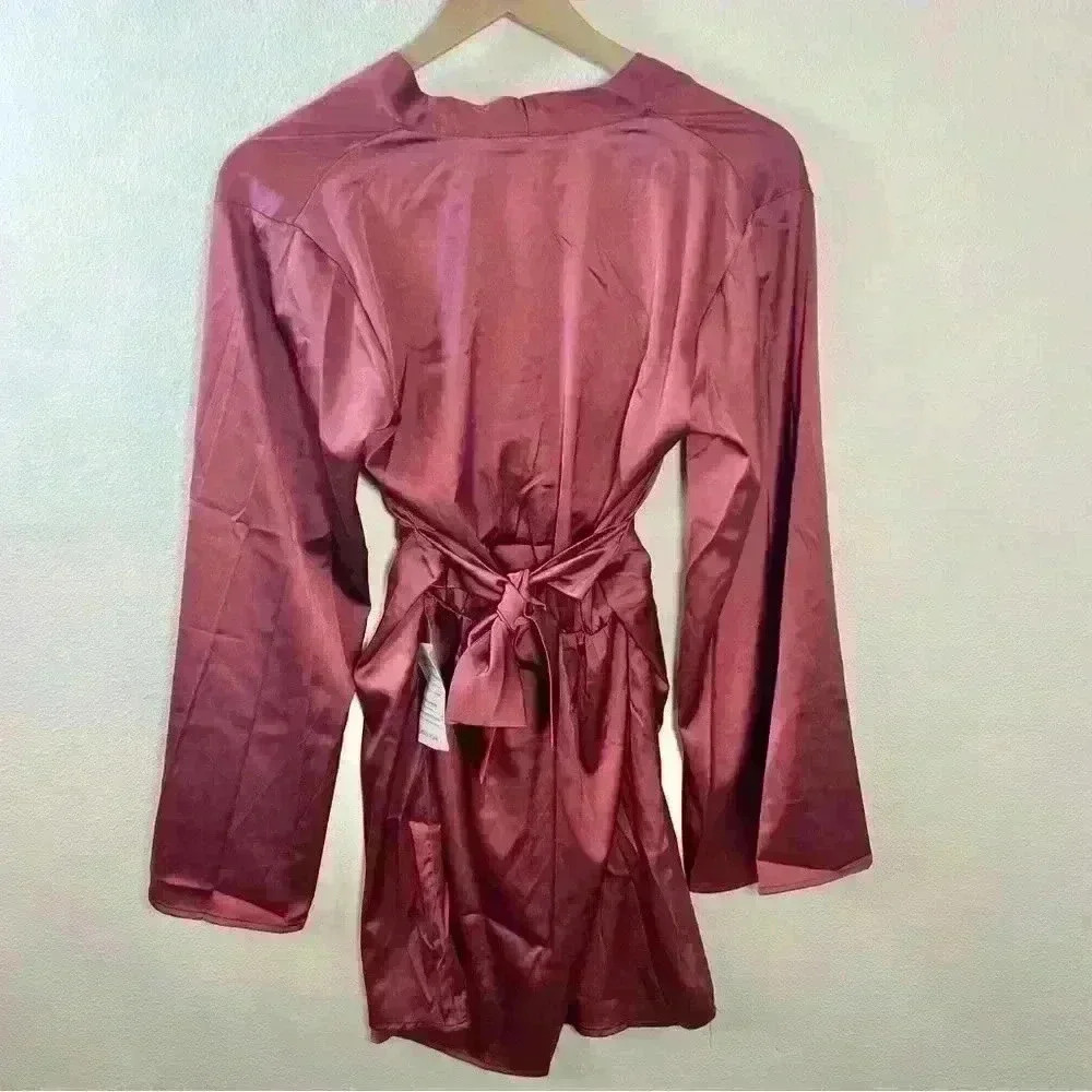 NWT LUSH Long Bell Sleeve Tie Waist Silky Minidress in Mulberry Size Small - Picture 6 of 8